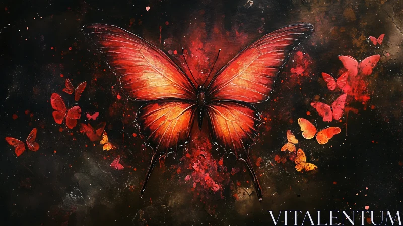Large red butterfly dominates dark abstract digital canvas