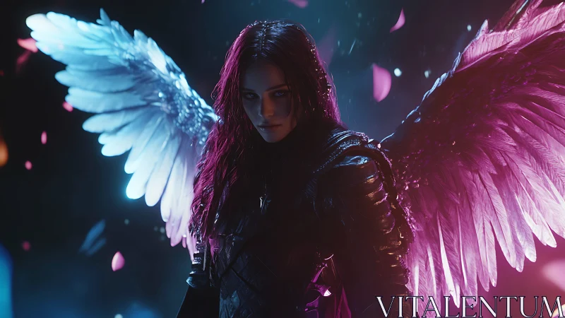 Winged warrior stands in glowing petals and stormlit shadow