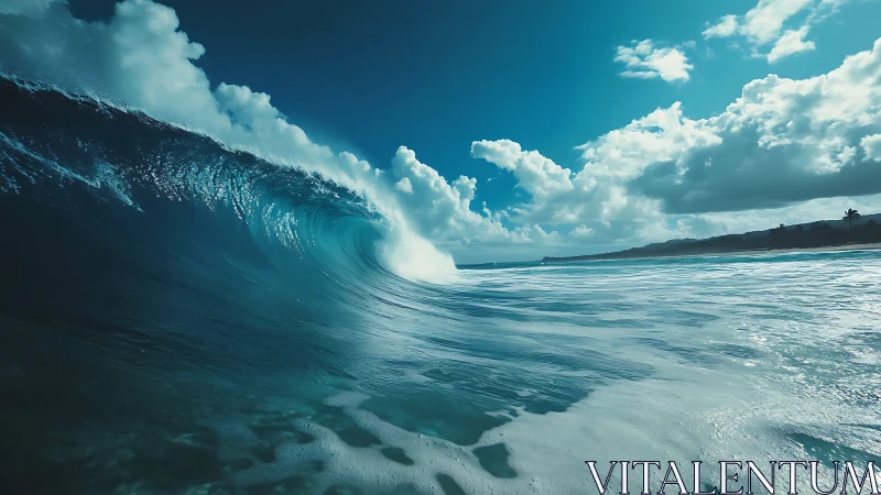 Large turquoise ocean wave curling near distant coastline.