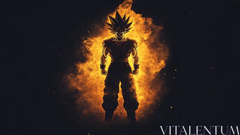 Fiery anime warrior silhouette radiates explosive power