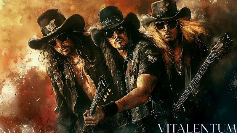 Three rock guitarists in hats stand against abstract backdrop