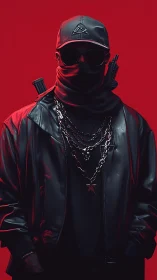 Masked street figure in black jacket on red backdrop.
