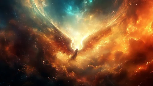 Celestial phoenix ascends through cosmic fire and light.