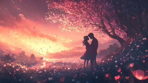 Silhouetted Couple Amid Luminous Petals at Golden Hour Sunset.