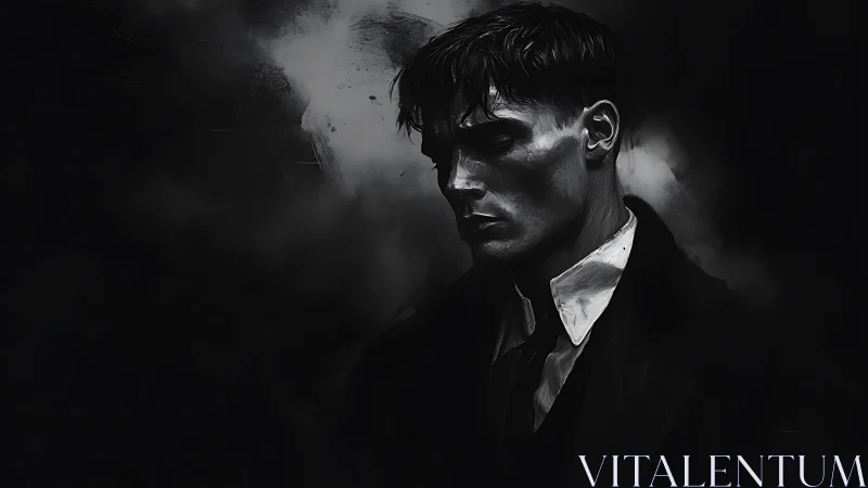 Shadowed gentleman gazes downward in quiet reflection