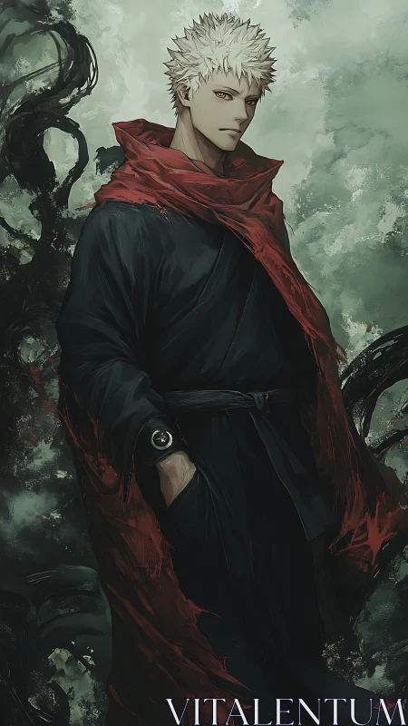 White haired anime sorcerer in black robe with red scarf.