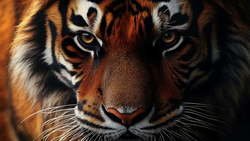 Close frontal view of tiger head with detailed fur pattern.