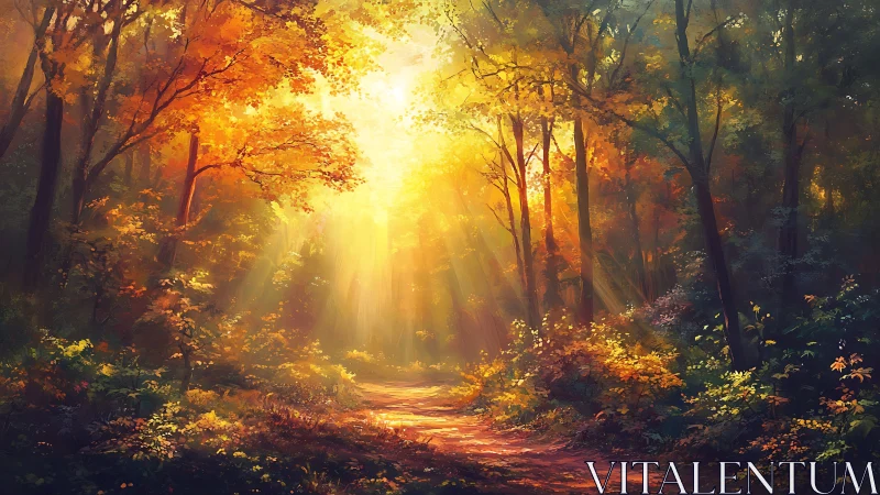 Digital painting of luminous autumn forest path composition.