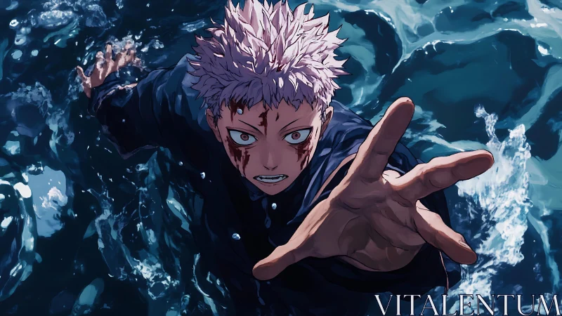 Male anime figure reaching upward from turbulent water surface.