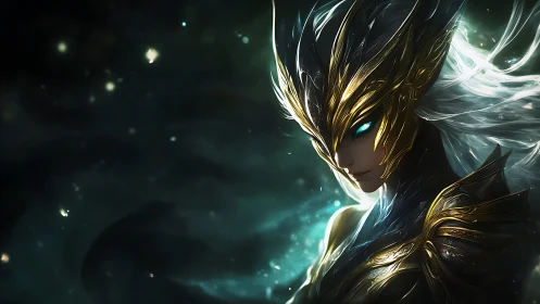 Armored figure with luminous eyes stands in cosmic void