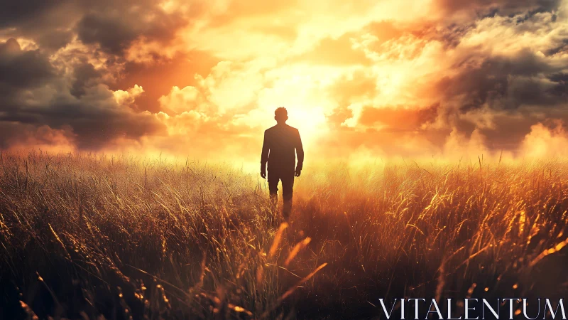 Silhouette of lone figure in tall grass against sunset sky.