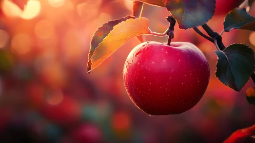 Sunlit red apple rendered with shallow depth and warm bokeh