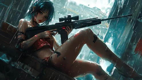 Rainlit sniper siren reclines in storm-splashed neon hush.