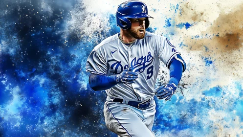 Kinetic baseball runner amid blue particulate energy field.