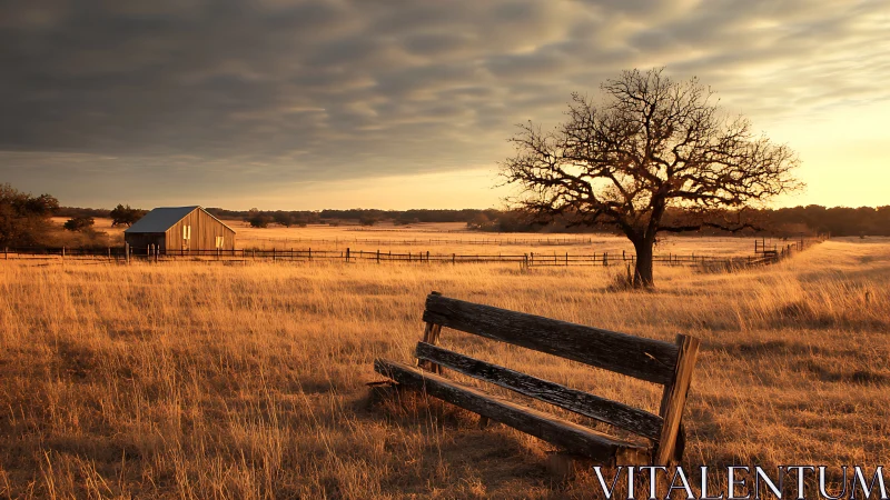 Golden prairie sunset casts warm light on lonely farmhouse