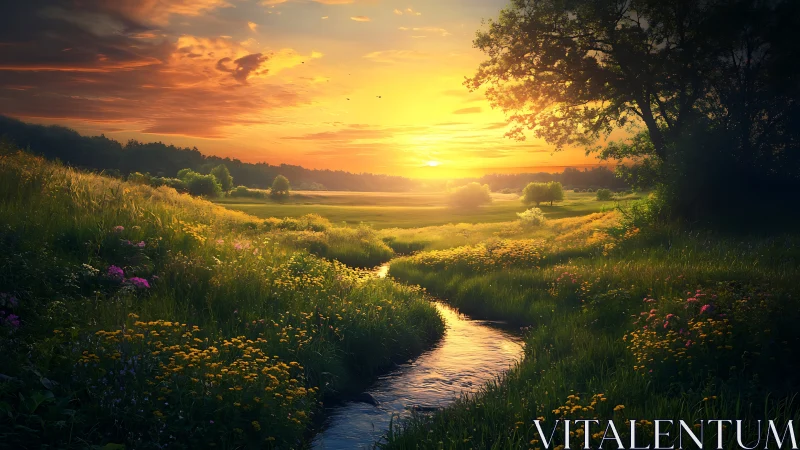 Sunlit meadow stream glows beneath vivid golden sunset.