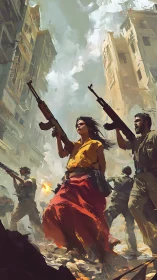 Defiant woman leading armed fighters through ruined city