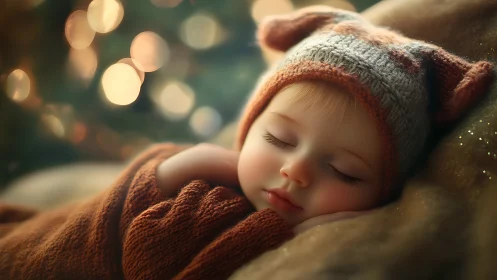 Sleeping baby lies in soft light wearing knitted animal hat