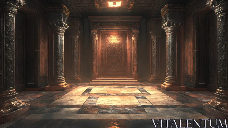 Rendered corridor shows symmetrical columns and central doorway