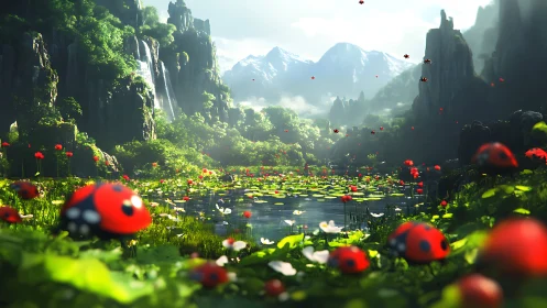 Ladybugs in lush mountain valley with lotus pond scene.