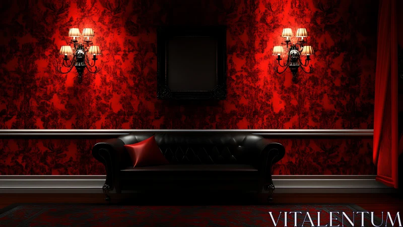 Dark leather sofa in red baroque interior with sconces.