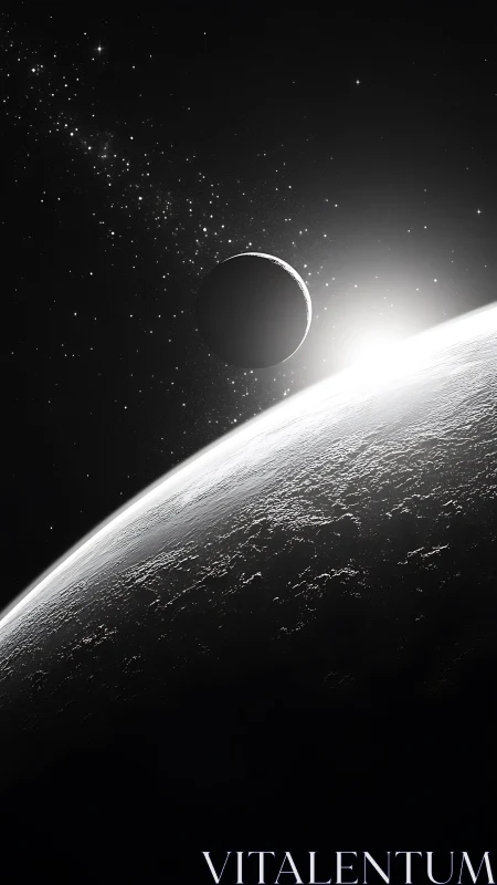 Silent sunrise over distant worlds in shimmering space.