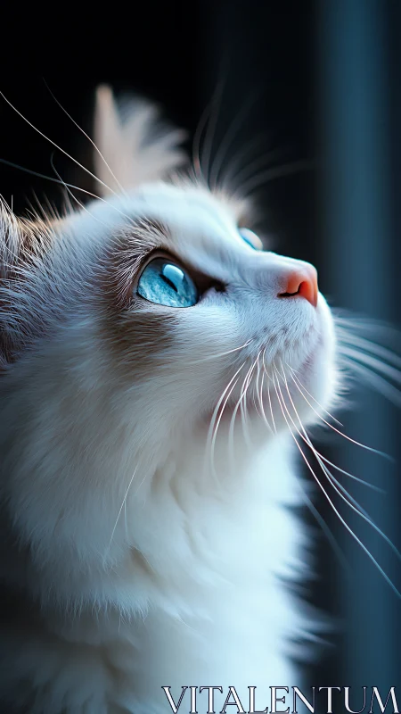 White Cat with Piercing Blue Eyes Looking Upward