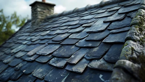 Slate Roof Tiles Show Age with Moss and Character.