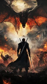 Lone swordsman defies infernal dragon above burning battlefield.