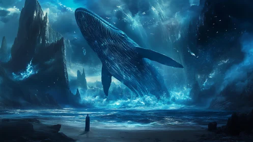 Colossal blue whale ascends above a mystical stormy sea