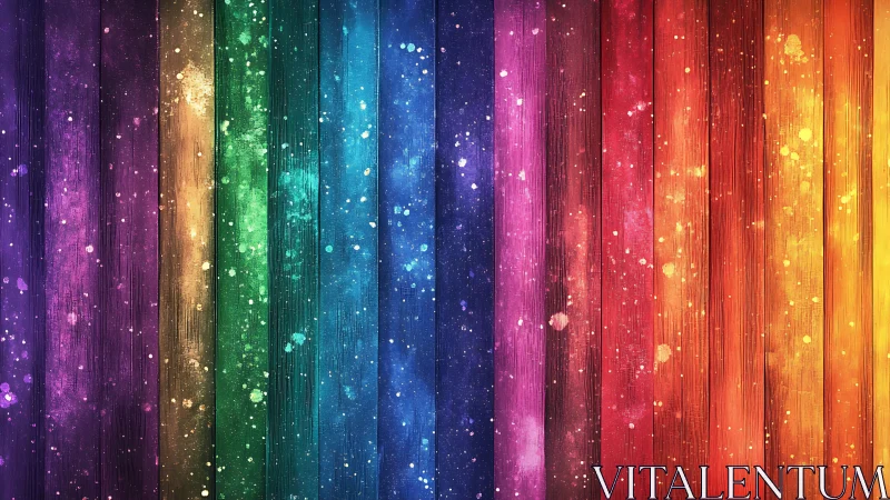 Vertical rainbow planks with scattered paint splatters pattern.