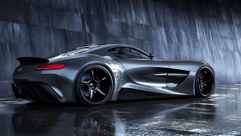 Low silver supercar on wet ground in dark tunnel setting.