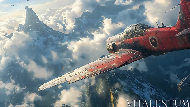 Weathered red single-engine aircraft flies above high peaks