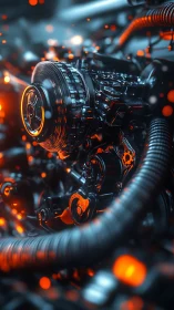 Cybernetic engine core glows with luminous orange embers