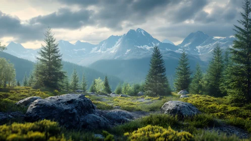 High-dynamic-range alpine valley with volumetric light and mossy rocks