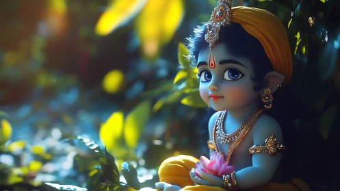 Childlike blue-skinned deity idol sits in foliage with lotus
