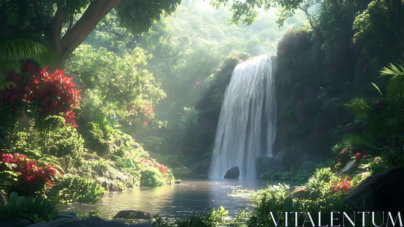 Sunlit jungle waterfall cascades into tranquil hidden pool.