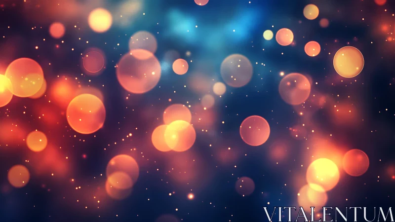 Abstract glowing bokeh lights on dark blue background, digital art.