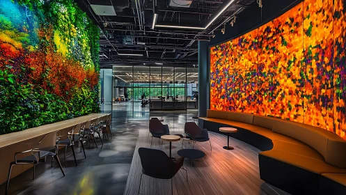 Office lobby contrasts vertical garden with digital art wall