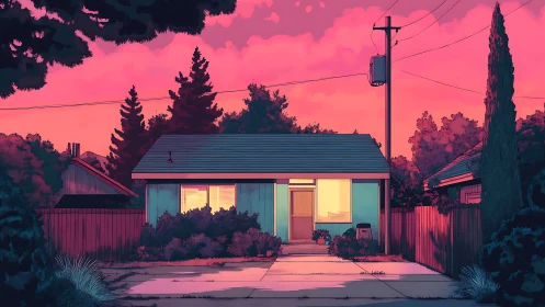 Suburban bungalow under saturated neon dusk sky, frontal view.