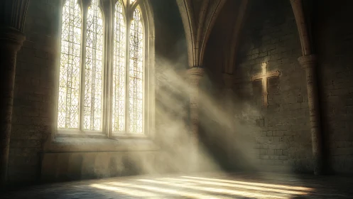 Sunbeams pass through tall stained glass into stone chapel