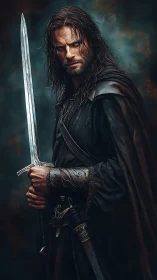 Digital painting portrait of brooding medieval swordsman hero.