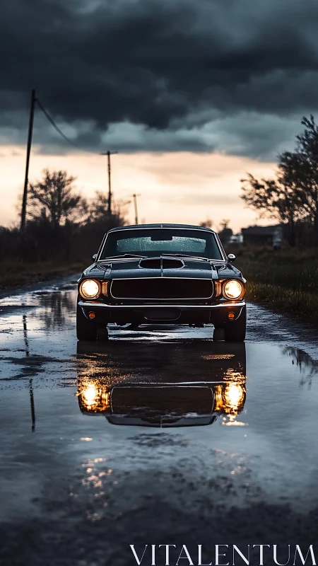 Stormlit muscle car frontal reflection on wet rural road.
