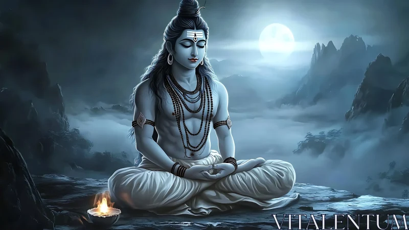 Moonlit yogic deity in lotus pose on misty mountain ledge