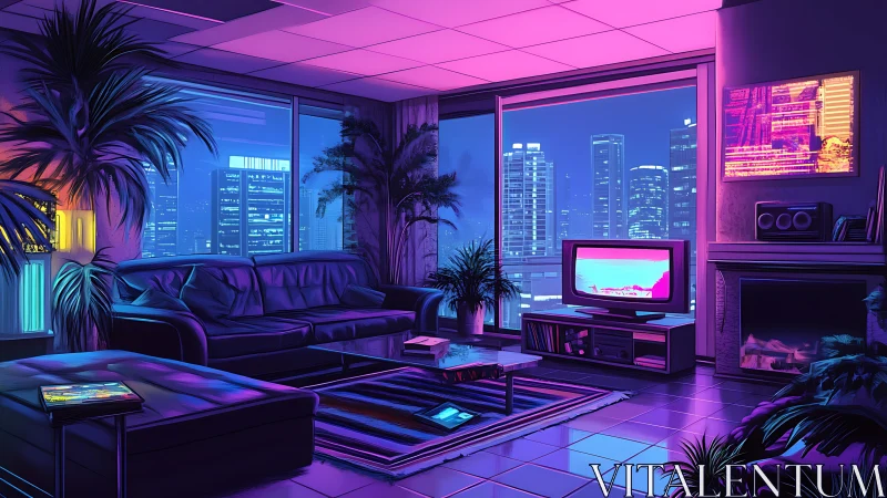 Neon lit high rise living room overlooking city skyline.