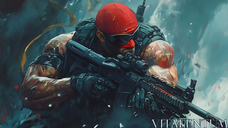 Heavily armed commando in red mask amid swirling chaos.