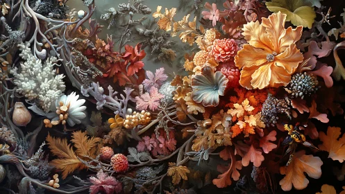 Autumn florals entwined with coral-like branches in bloom.