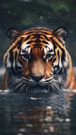 Tiger strides through dark water with intense, focused gaze.