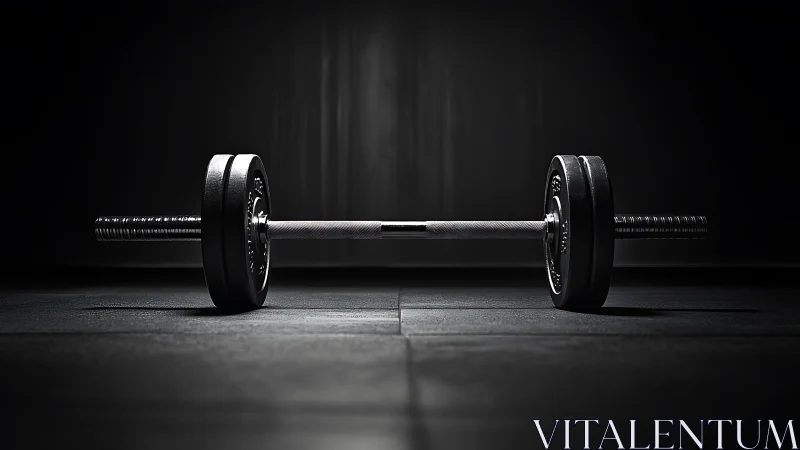 Steel barbell waits in moody spotlight of a silent gym floor.