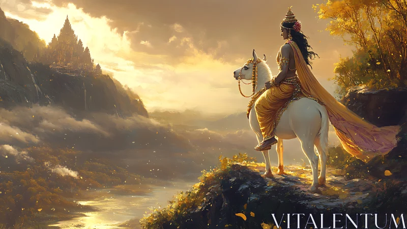 Golden-lit warrior on white horse gazes toward mythic citadel